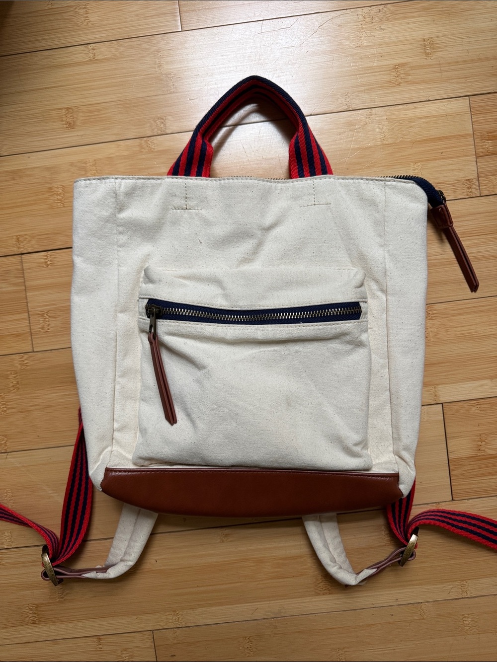 Universal Thread Natural Canvas Backpack Tote with Red & Navy Striped Handles